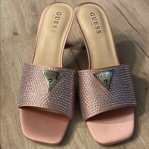 GUESS Lusine Kitten Pink Heels Rhinestone Embellishments Sz 9.5
